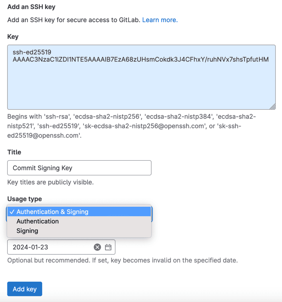 Adding a new SSH key to GitLab